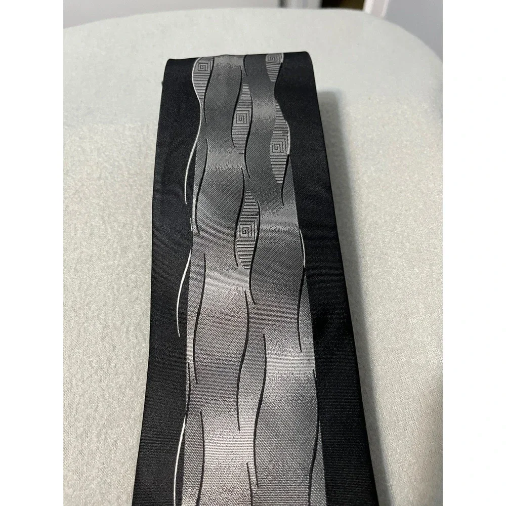 Enzo Brunatti Necktie Black Gray Wavy Pattern Silk Men's Tie Xtra long 67.5